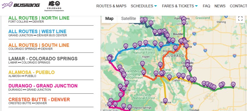 A map online shows the routes for the Colorado Department of Transportation's Bustang long-distance bus service.
